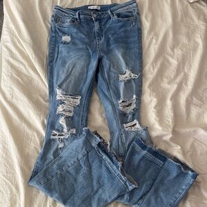 Flying Monkey Distressed Flare Jeans in Blue